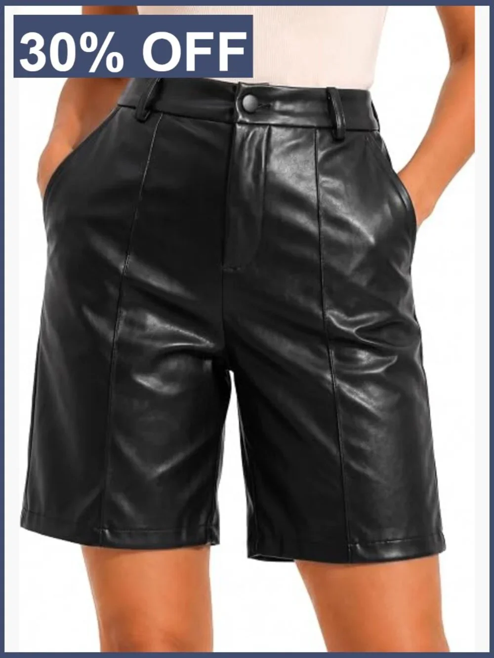 High Waisted Faux Leather Bermuda Shorts with Pockets